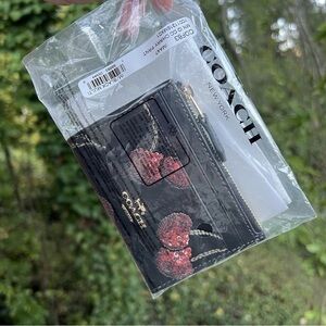COACH Mini Skinny Id Case Cardholder Keychain Wallet w Cherry Print CDF83 NWT